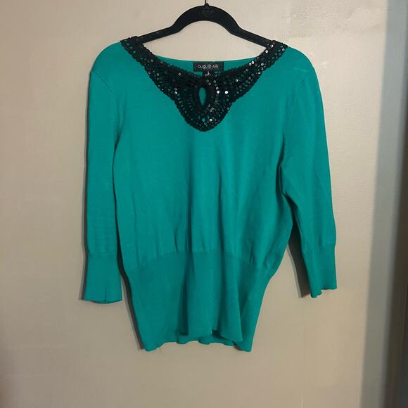 August Silk Women's Green Knit Sweater, Black Sequin Collar & 3/4 Sleeves, Large - Picture 6 of 12